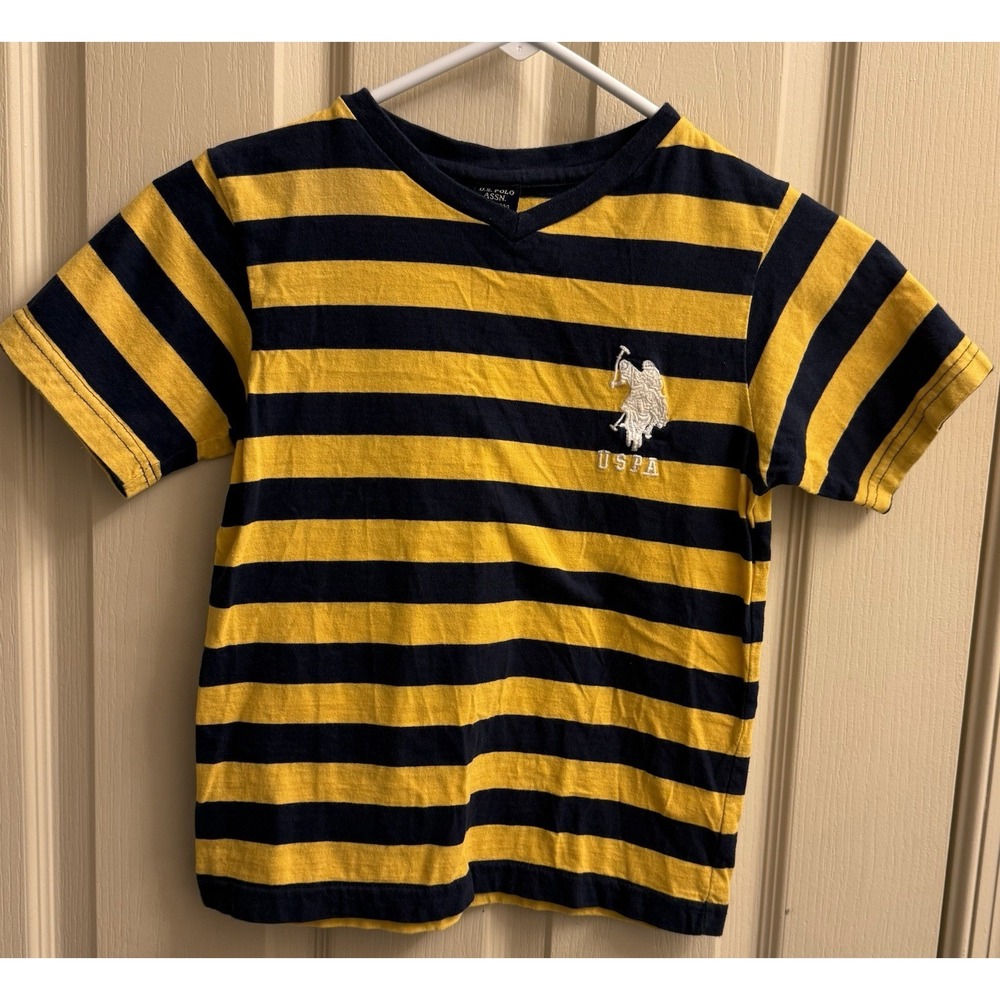 U.S. Polo Assn. Boys' Big Pony V-Neck T-Shirts Blue/gold Striped Size 5/6 EUC